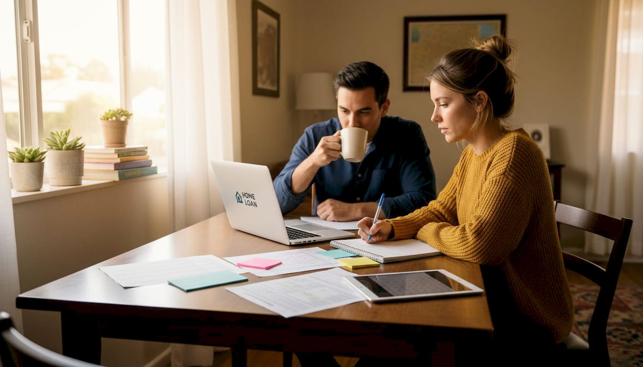 Couple reviewing home loan documents in California apartment