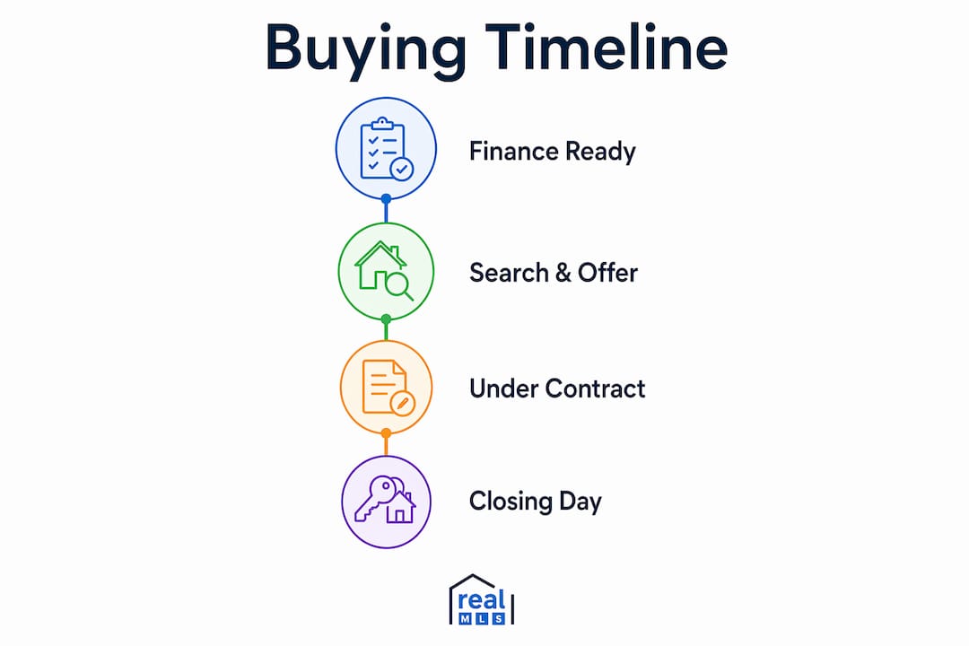 Infographic presenting home buying timeline in stages