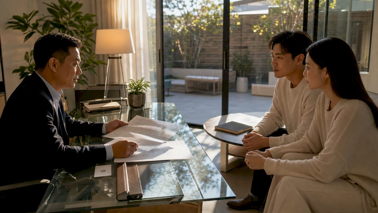 Realtor consulting couple in home office