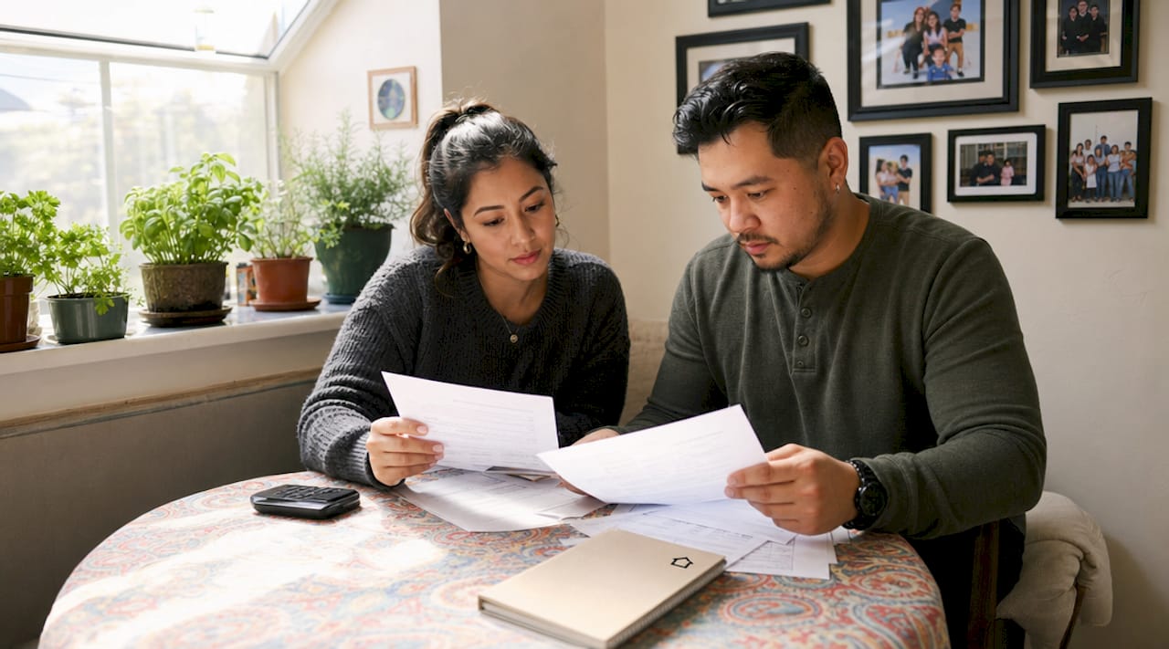 Couple organizing home loan documents at table