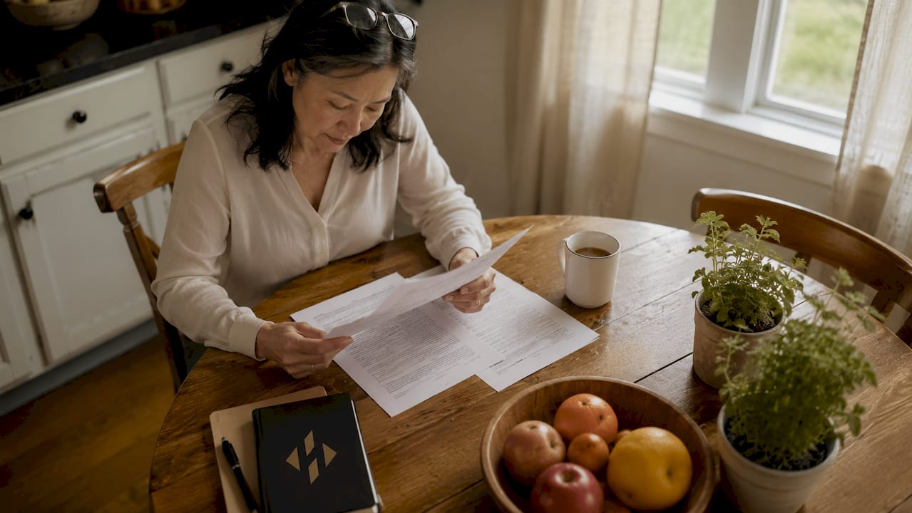 Woman reviewing real estate disclosure forms at desk