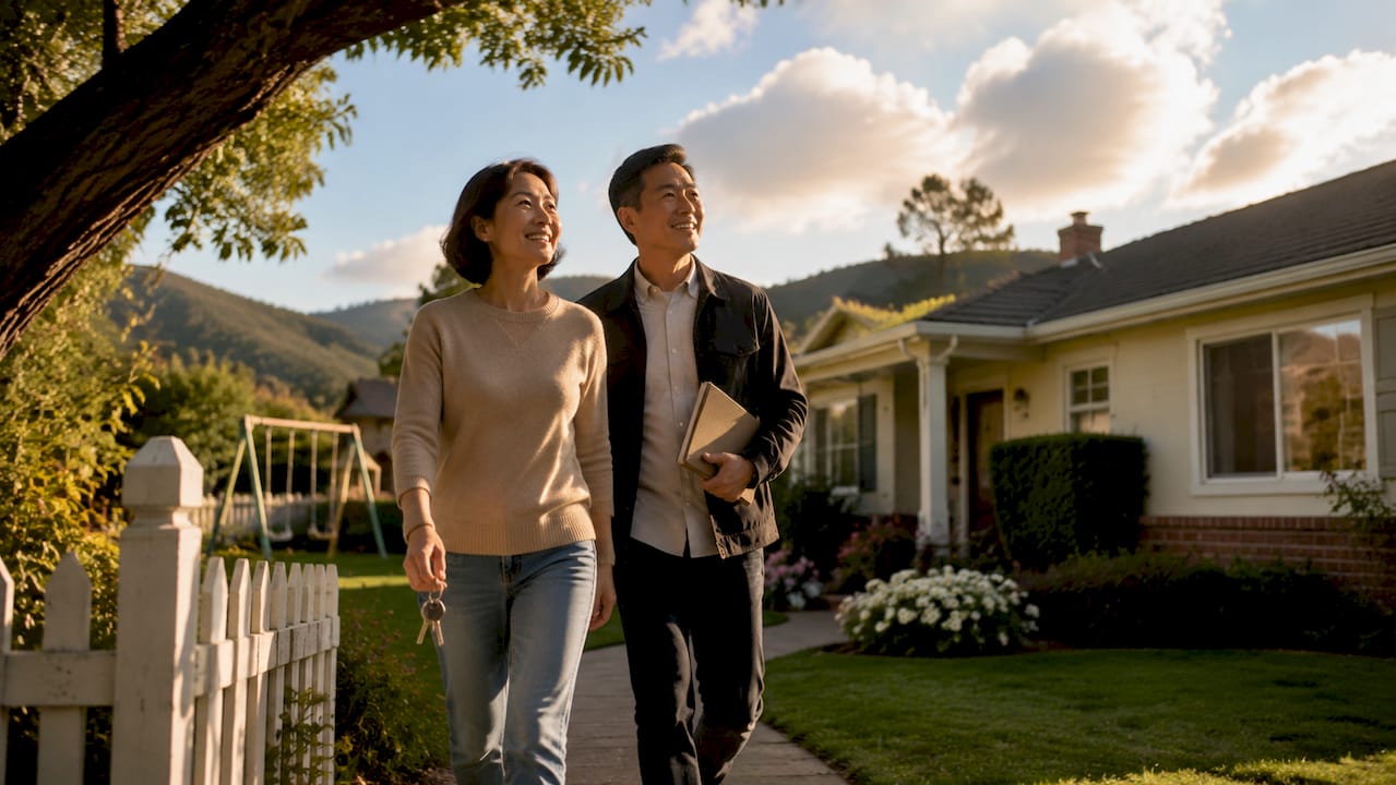 Suburban single-family home with couple approaching