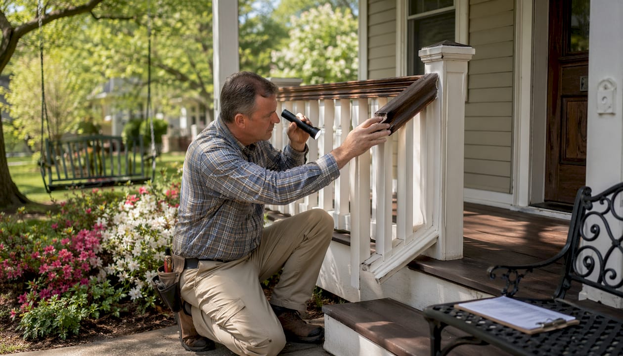 Home inspector checking house exterior details
