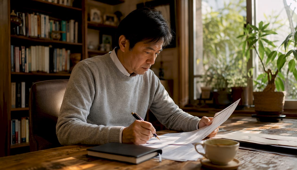 Buyer reviewing closing documents at desk