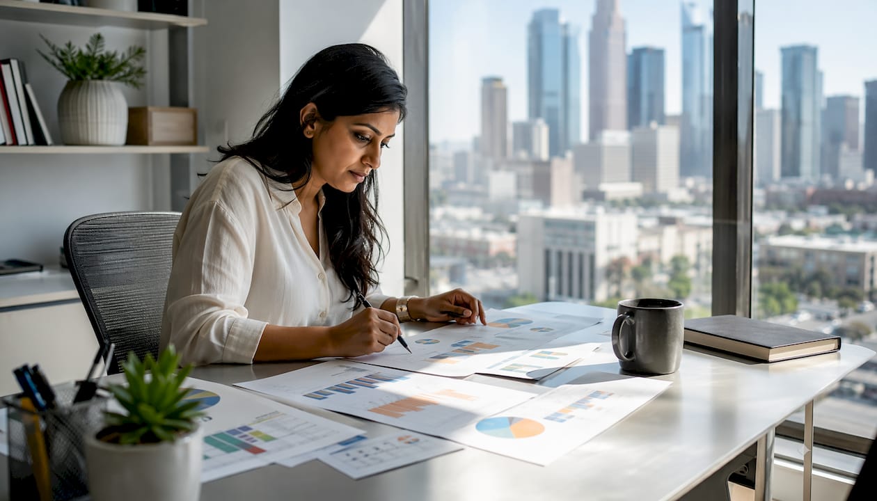 Real estate analyst reviewing market reports