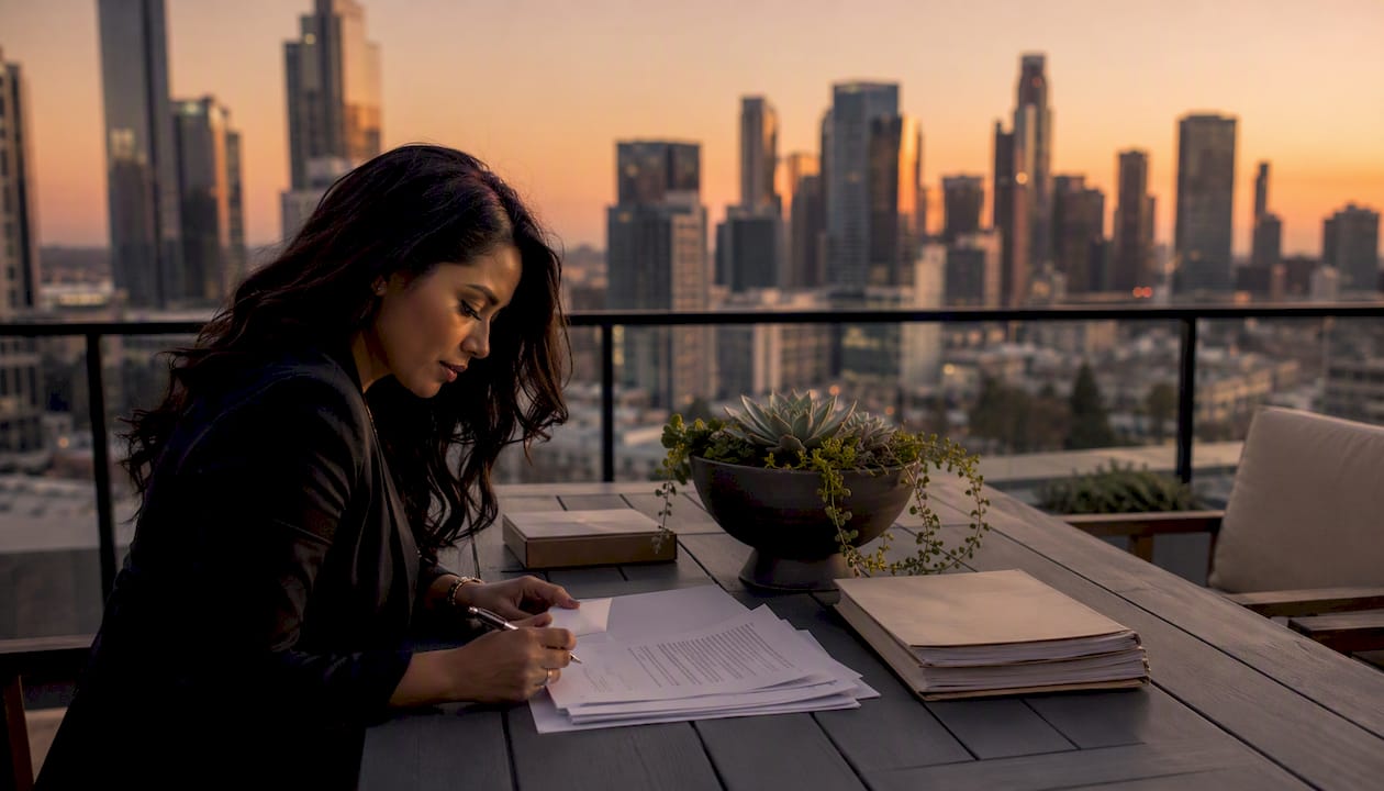 Professional reviewing escrow documents at office
