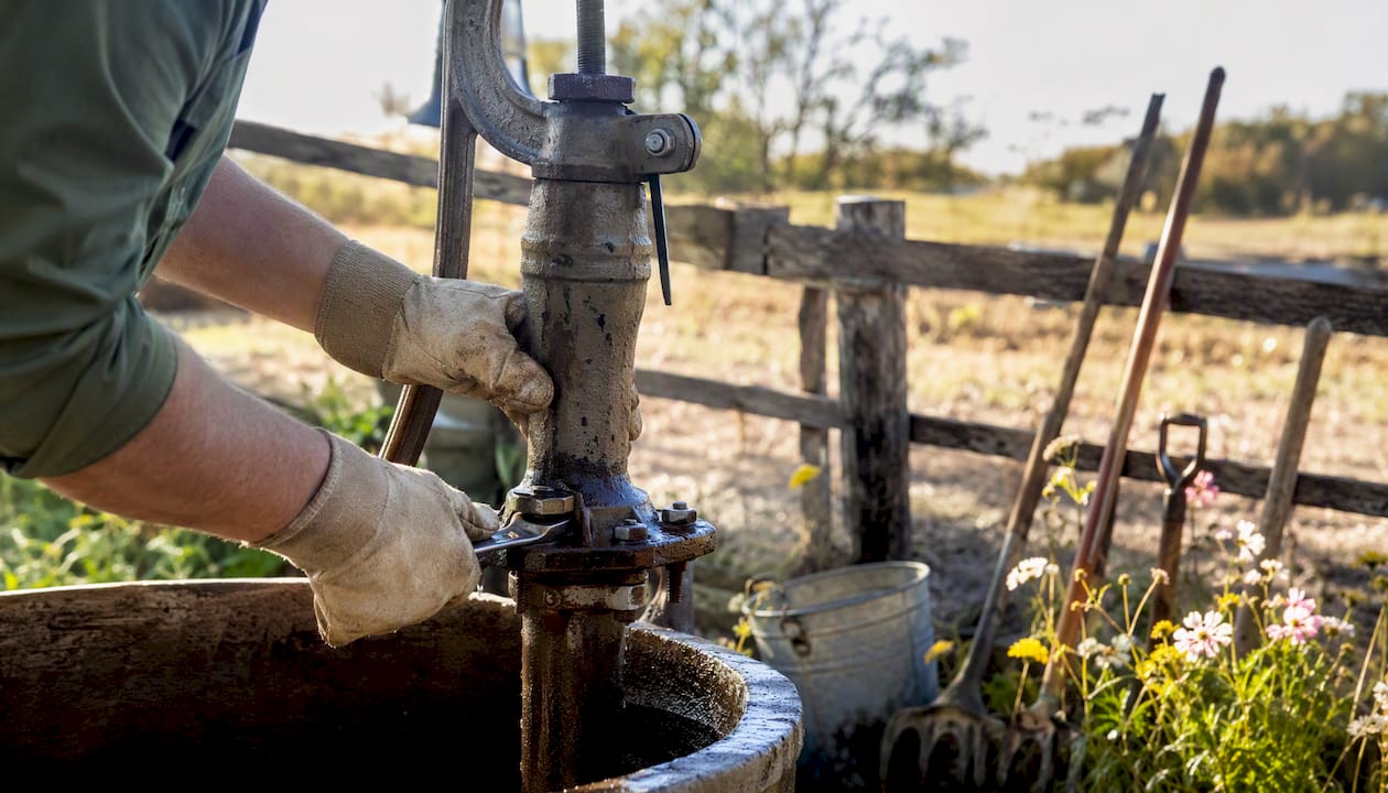 Hand maintaining rural water well on homestead land