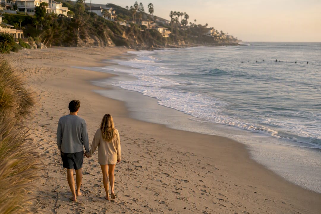 Family walking along coastal path at dawn