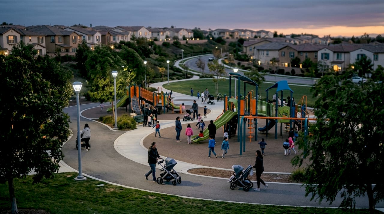 Families enjoying a neighborhood park at sunset