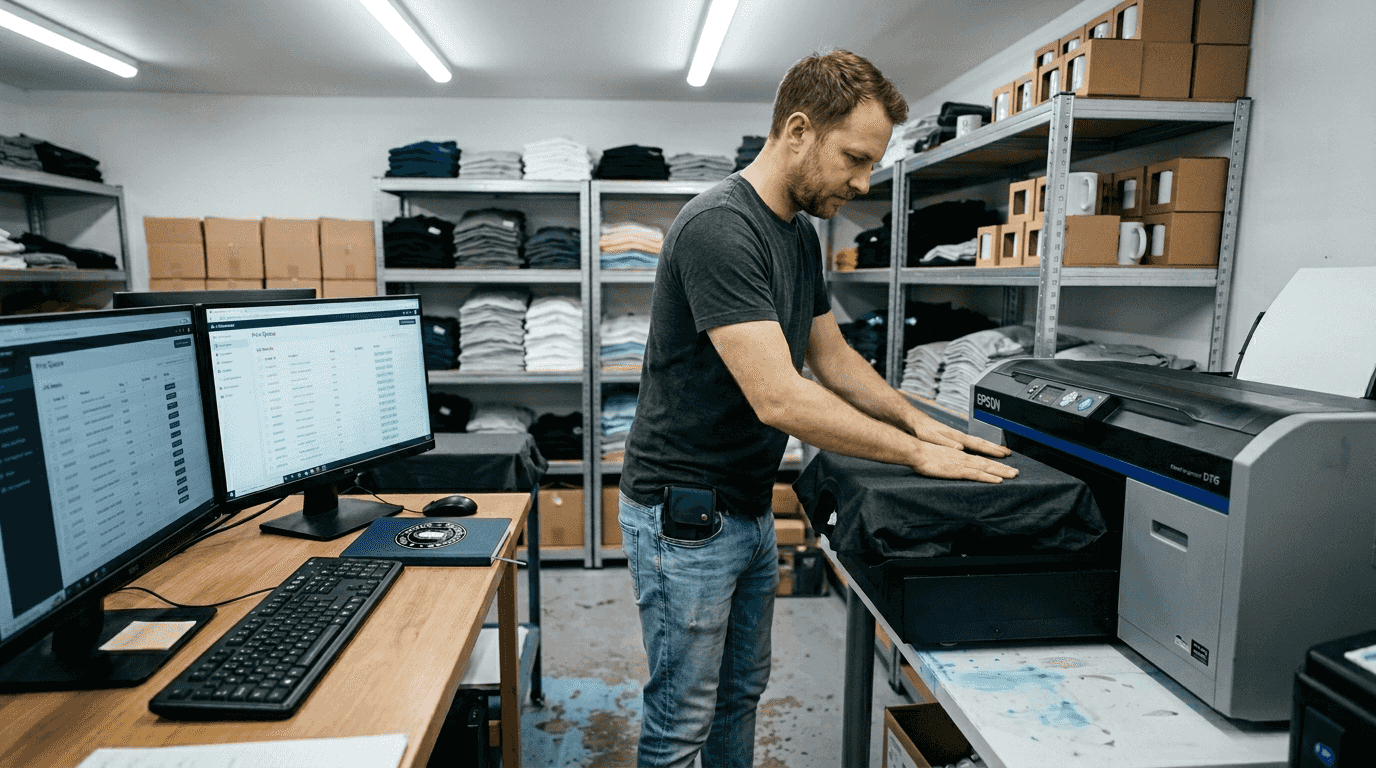 Technician loads t-shirt printer in workshop