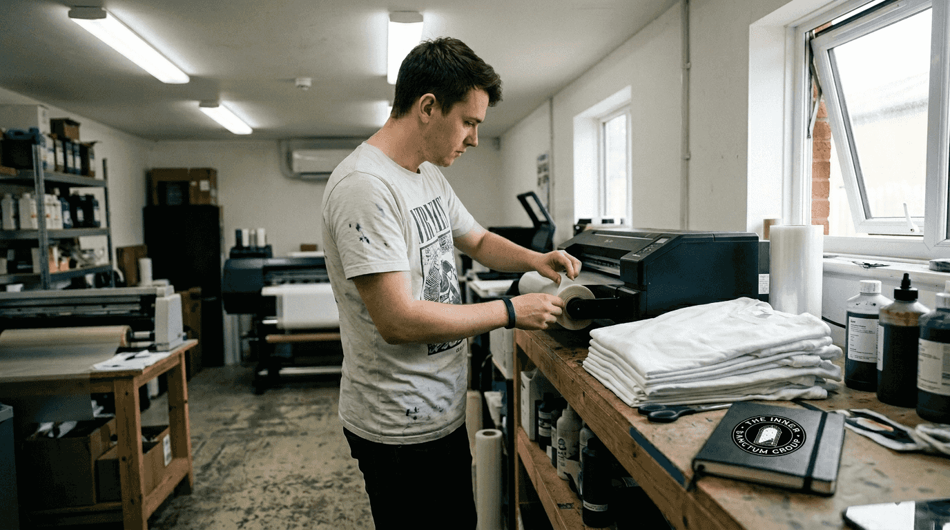 Technician using DTF printer in print studio