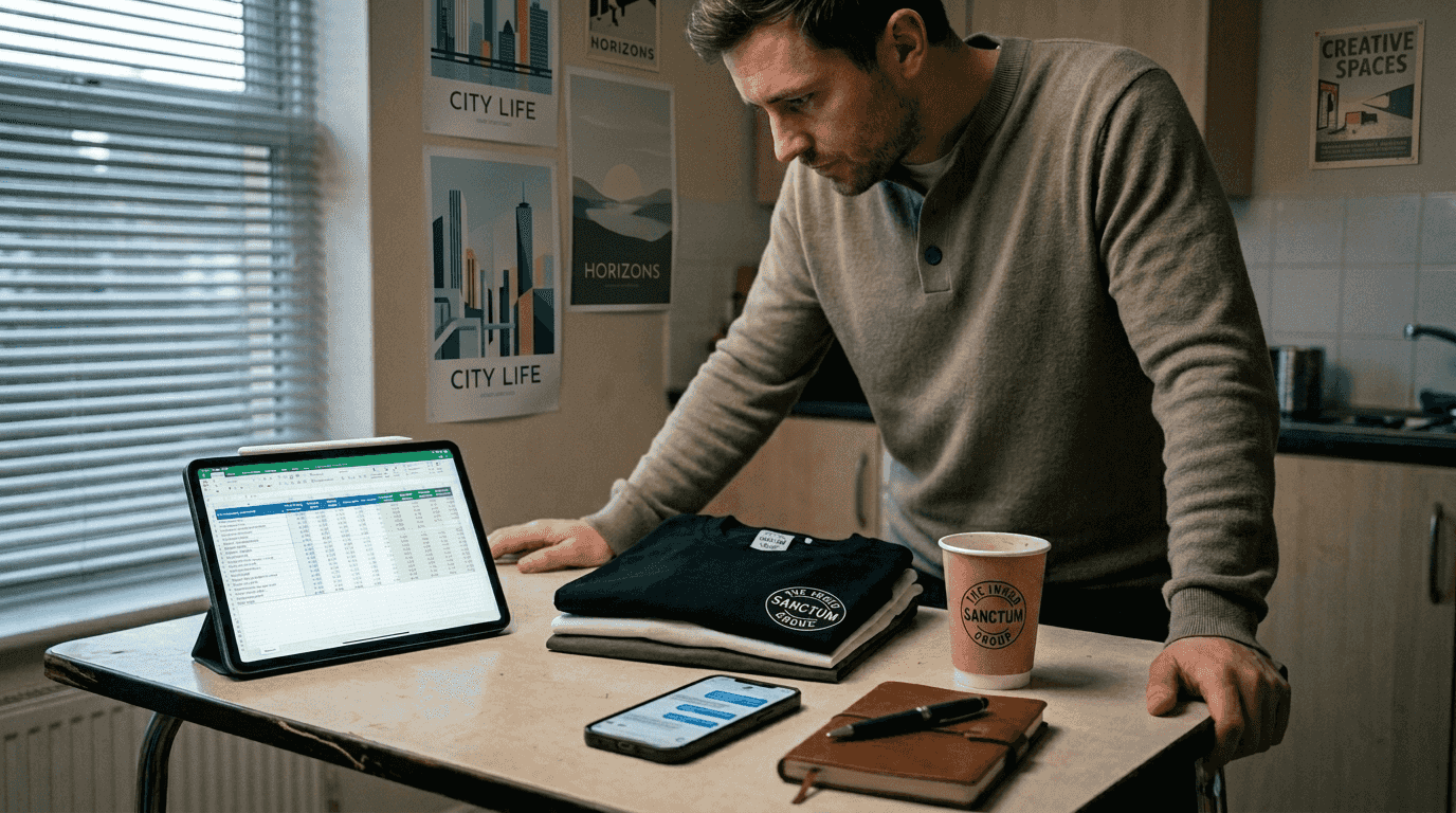 Man weighing merch production decisions at home
