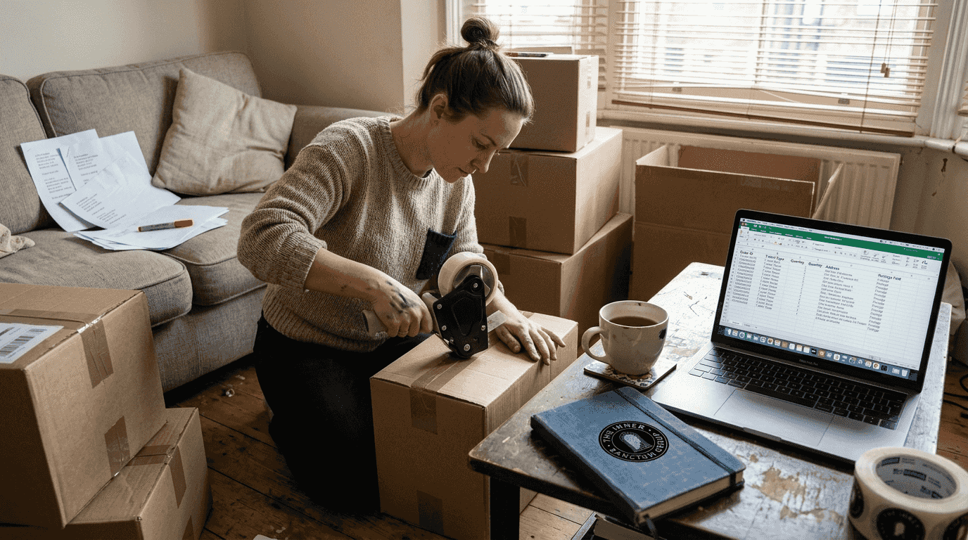Artist organizing bulk t-shirt orders in flat