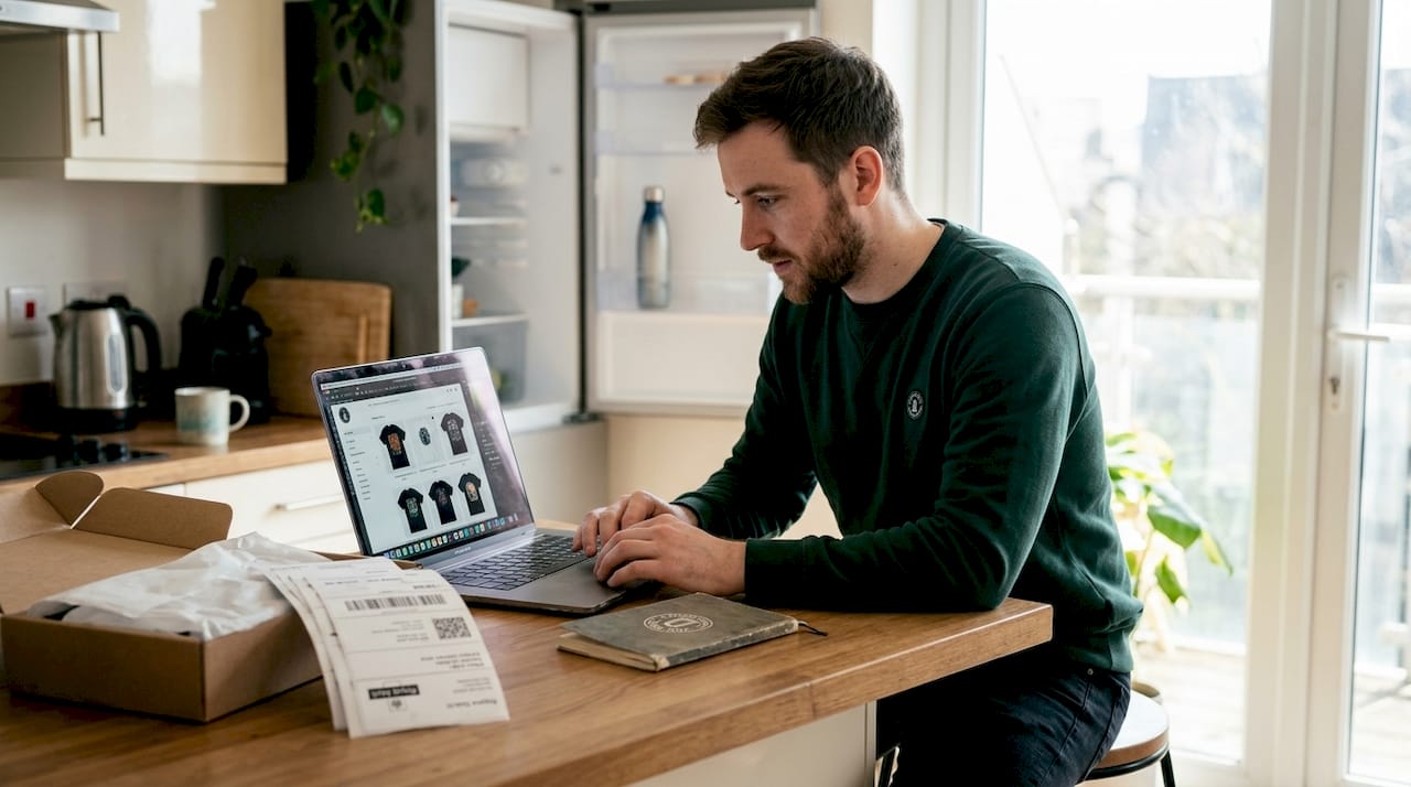 Creator preparing print-on-demand merch at home