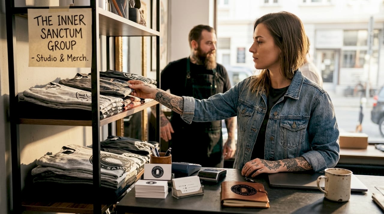 Tattoo studio client picking out branded merch
