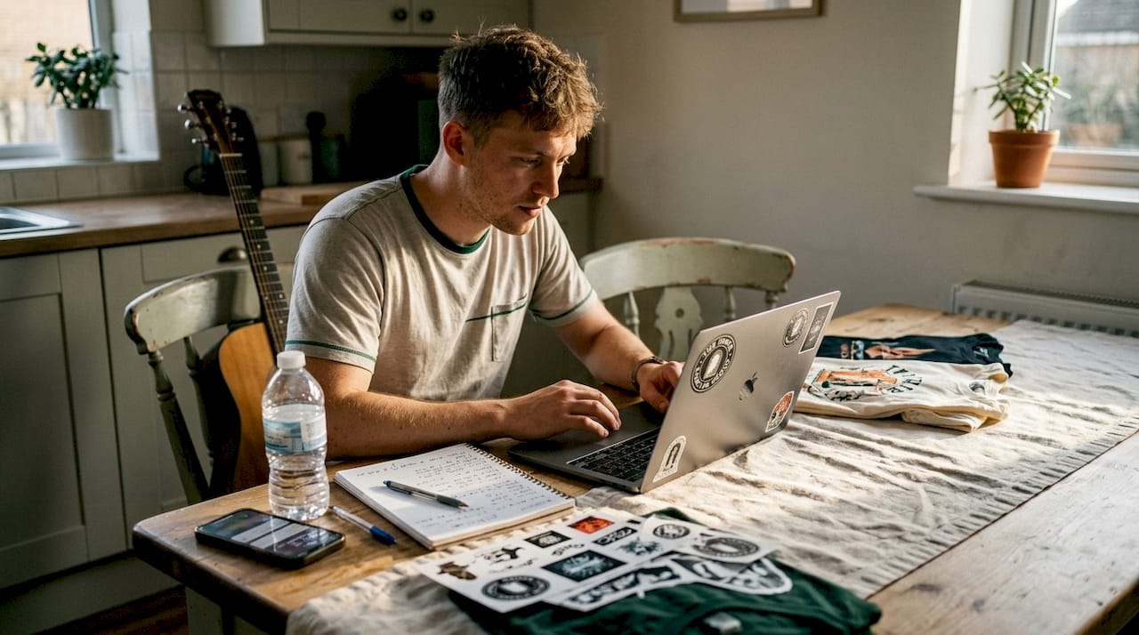 Musician managing merch at kitchen table