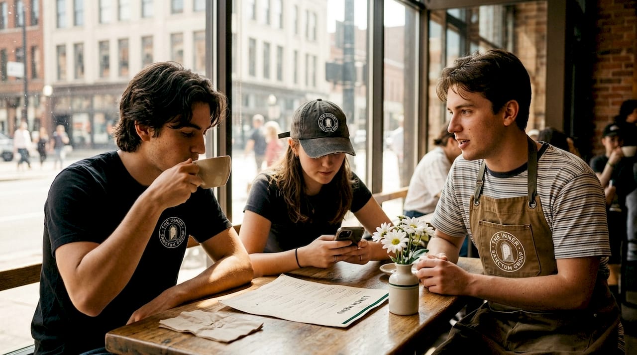 Customers using branded restaurant apparel