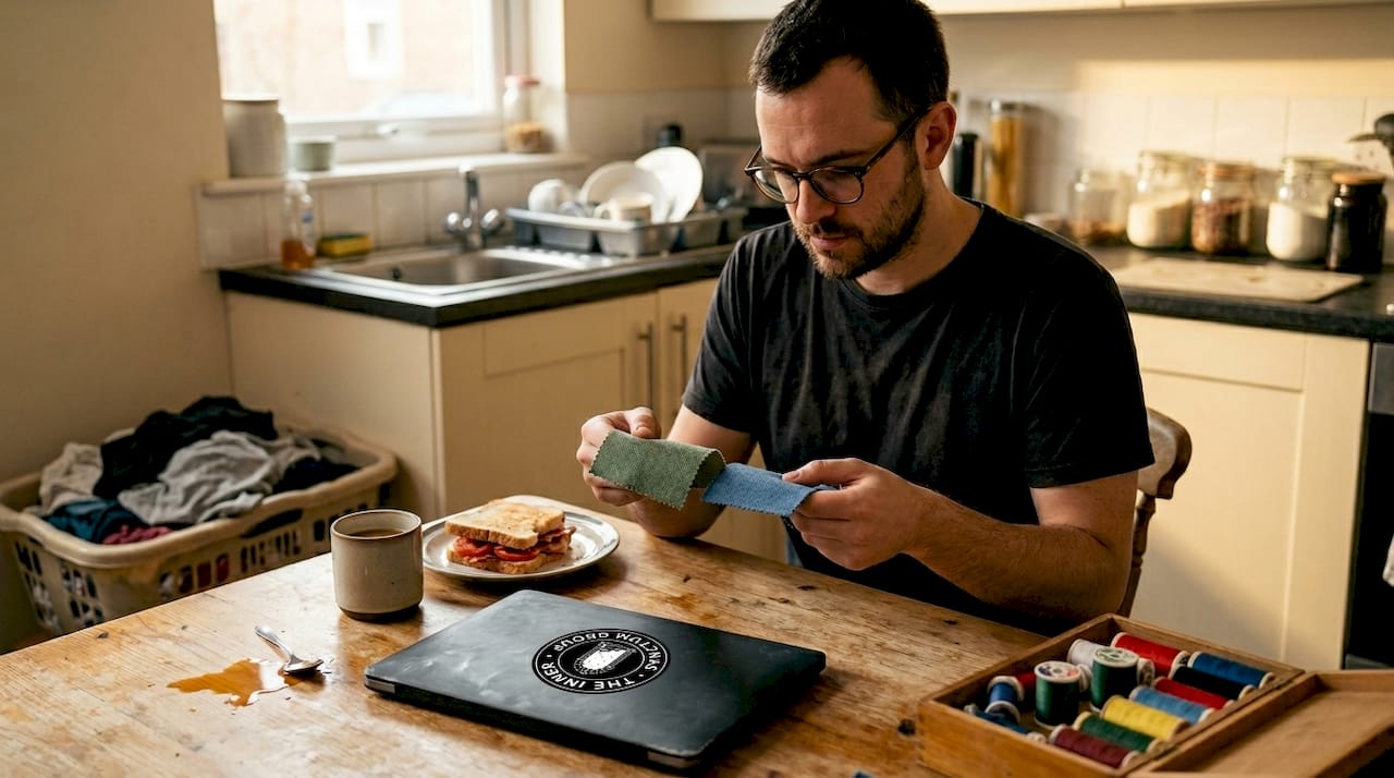 Musician reviews fabric color swatches at table