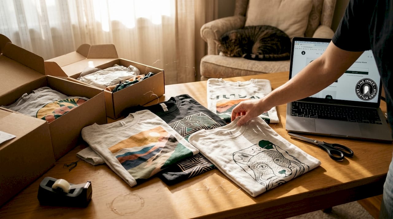 Freshly printed t-shirts with merch tools
