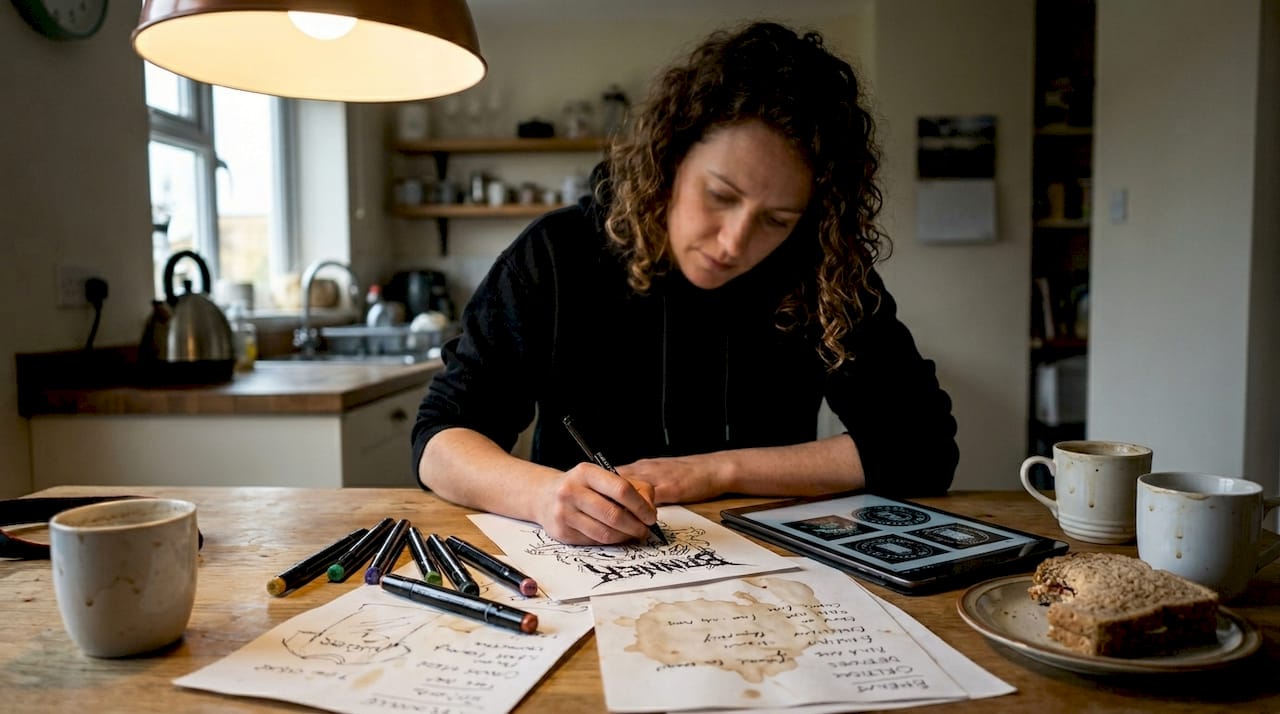 Designer creating band merch sketches at table