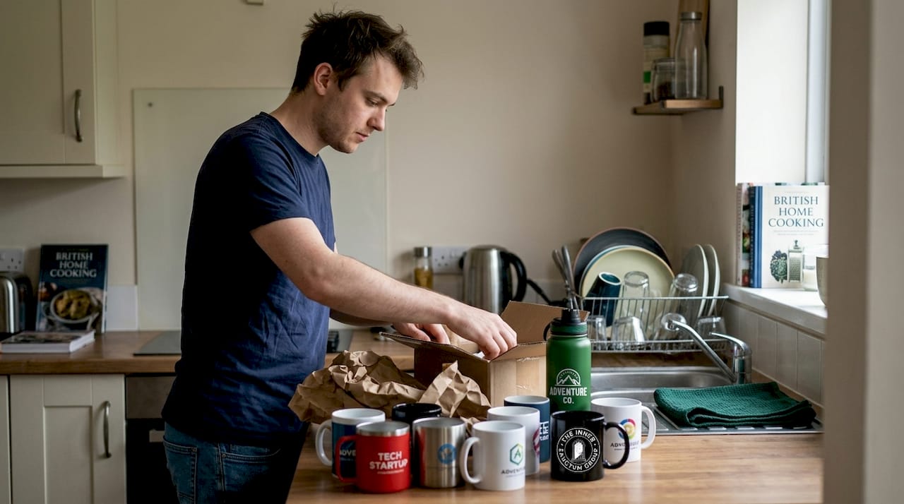 Unboxing branded mugs and water bottles in kitchen