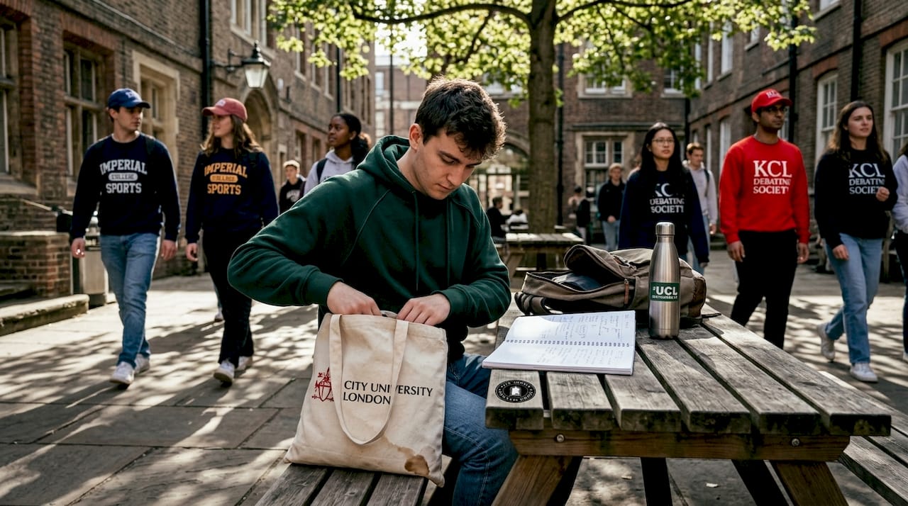 Student uses branded tote at campus table