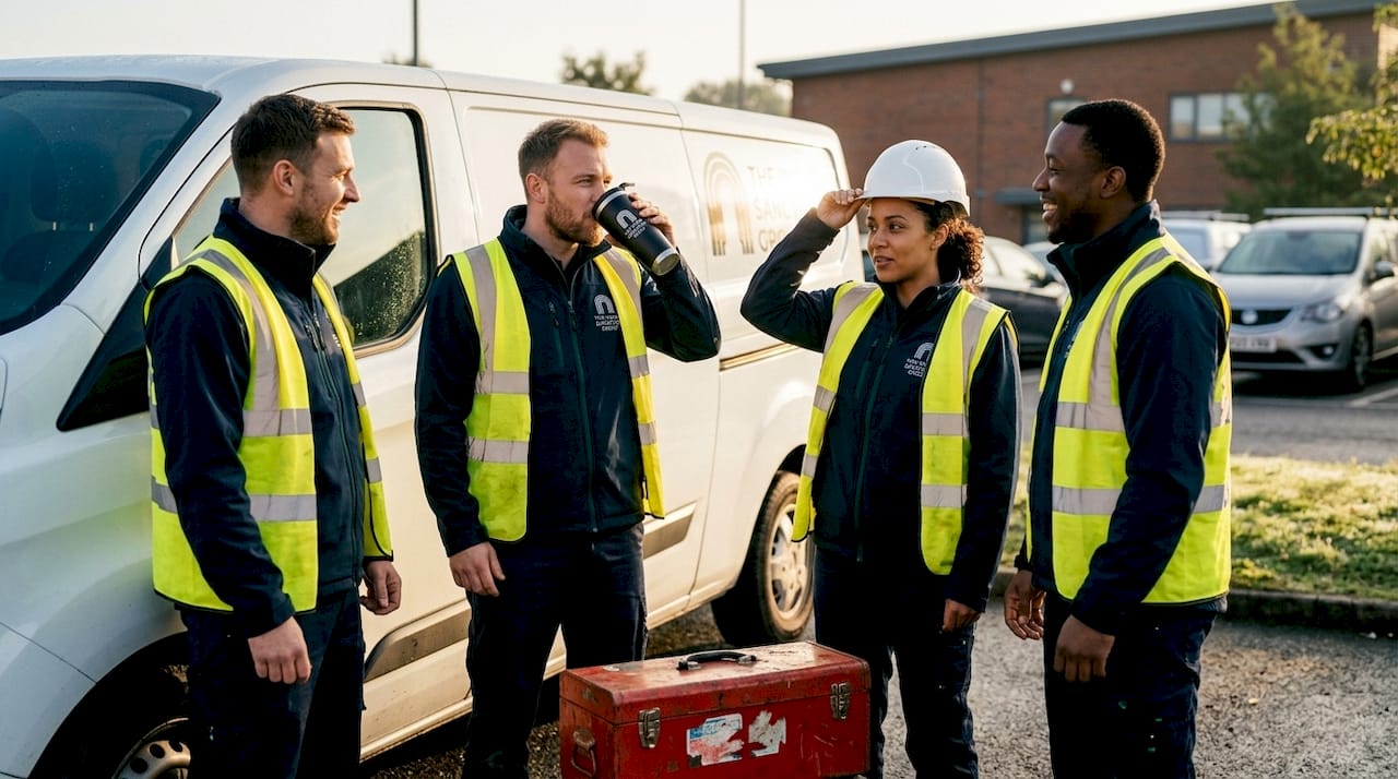 Crew in branded workwear talk by service van