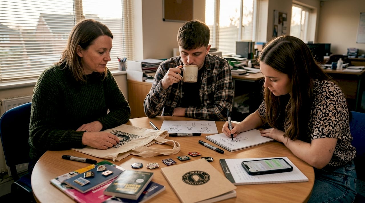 Charity team reviewing and sketching merch ideas