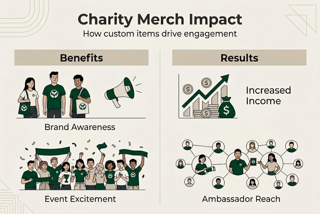 Infographic showing charity merch benefits and results