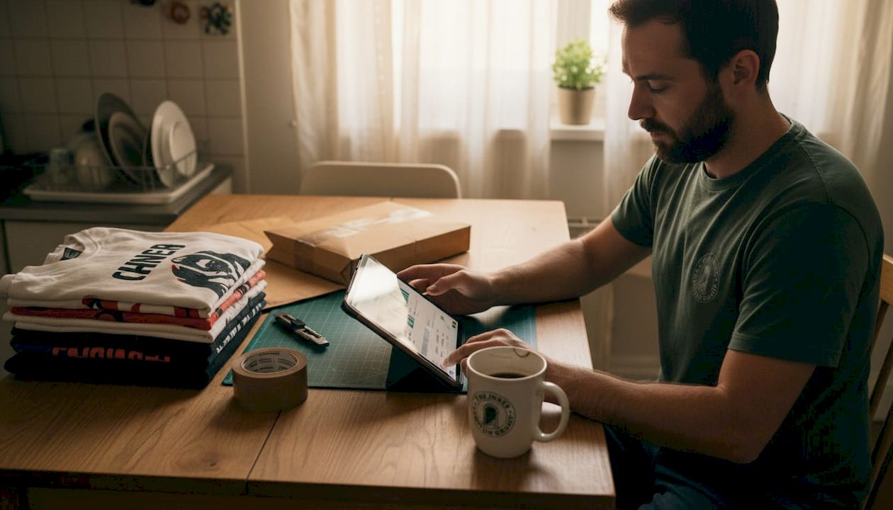 Man packs custom t-shirts with print-on-demand tools
