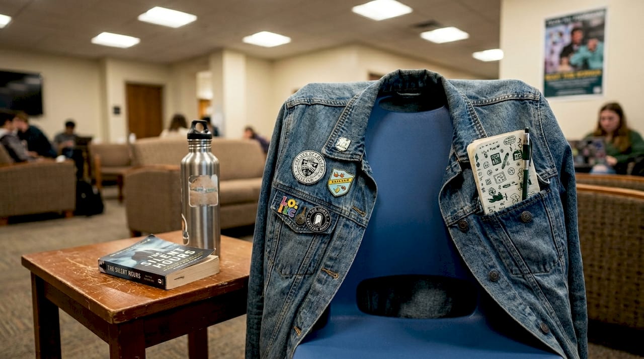 College enamel badges on denim jacket closeup