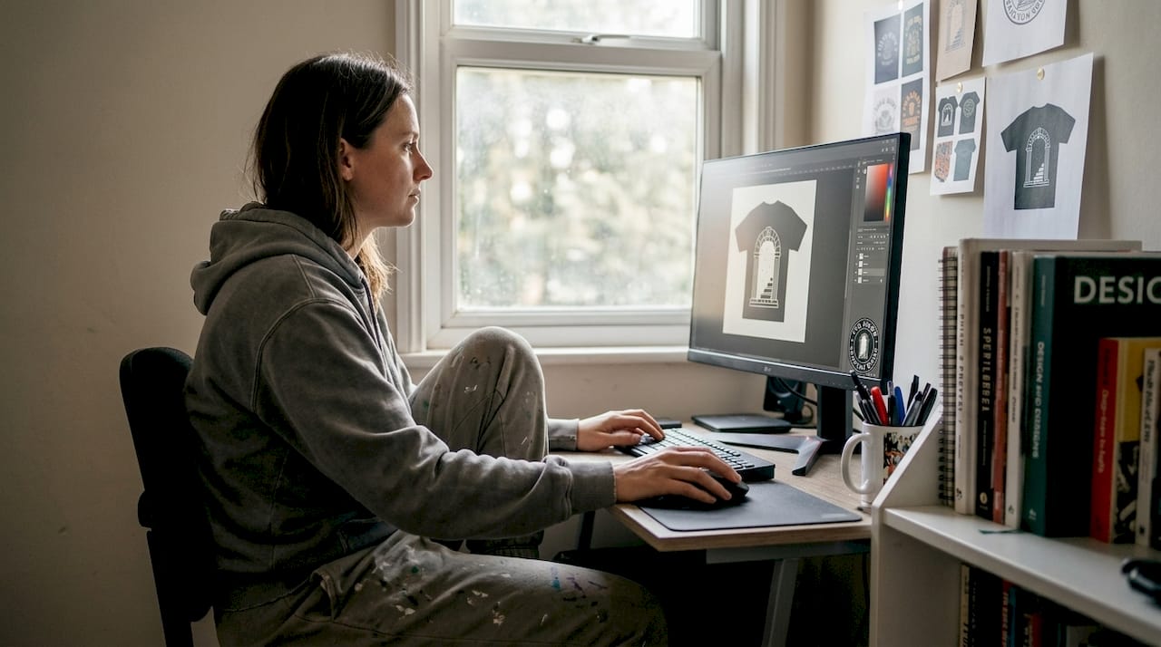 Designer editing merch graphic at home desk