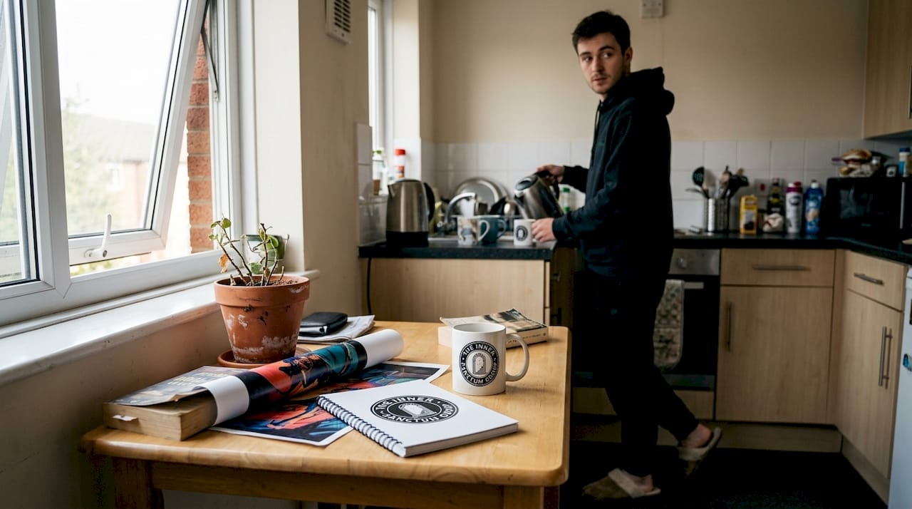 Lifestyle merch items on kitchen table scene