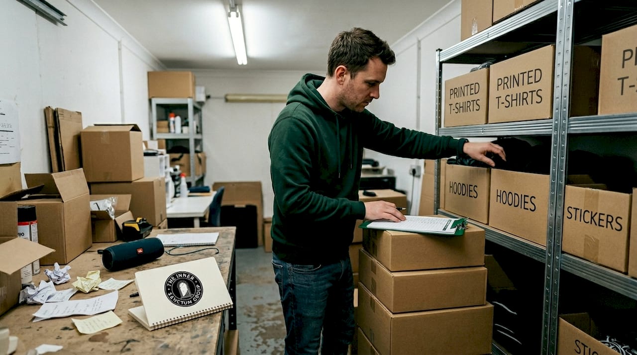 Artist checking bulk merch stock in garage