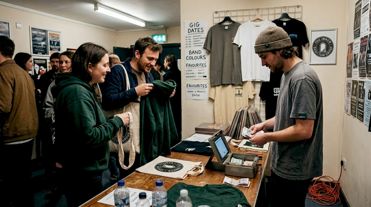 Fans browsing band merchandise at concert