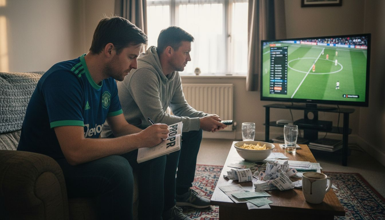 Soccer fans analyzing team statistics at home