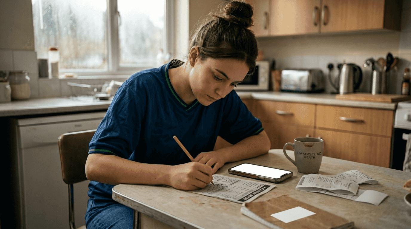 Woman calculating odds at kitchen table