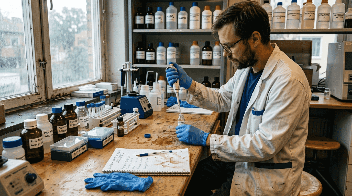 A laboratory assistant examines water samples at the workbench.