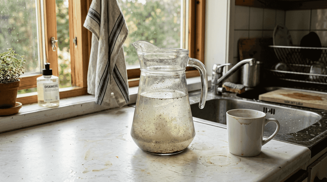 Karaff i glas med grumligt vatten och bottensats