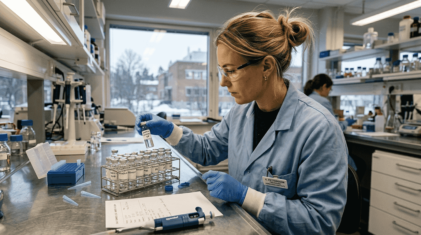 Lab technician inspecting water sample vials