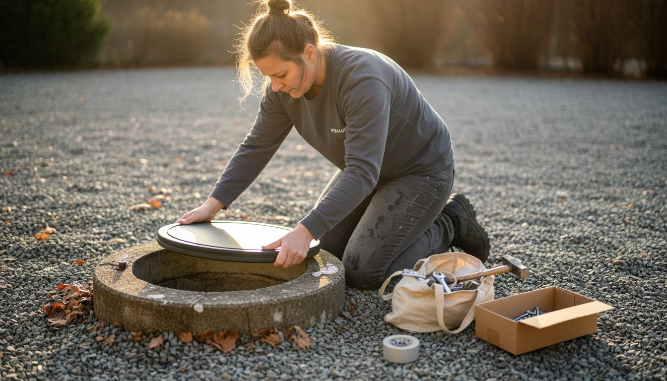 A woman placing a new lid over the well in the yard.