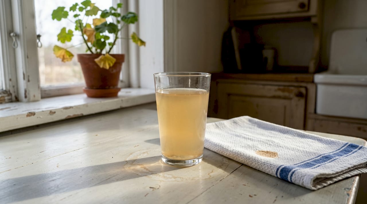 Ett glas med brunfärgat vatten står på köksbordet.
