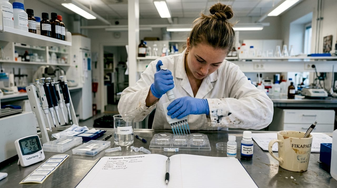 Laboratorieassistenten analyserar vattenprov med pipett.
