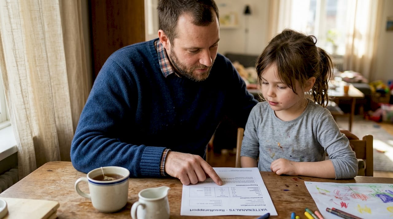 Familjen samlas runt köksbordet för att gå igenom resultatet från vattenprovet.