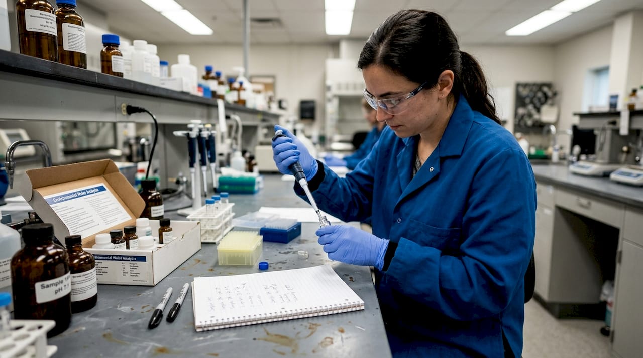 Lab technician pipetting water for testing