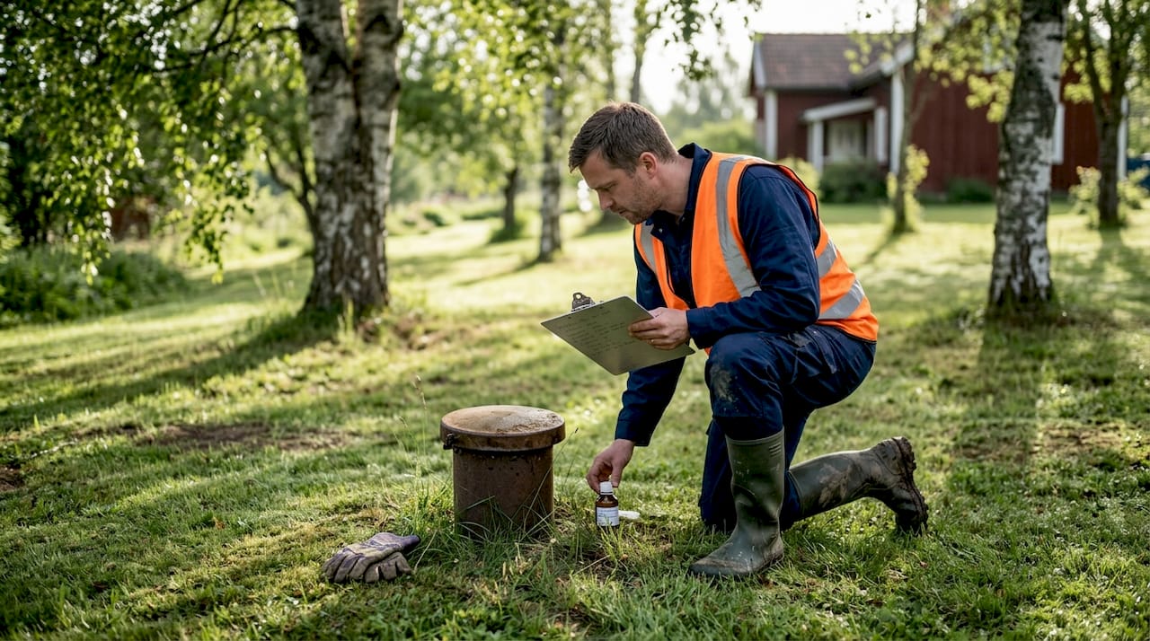 Technician inspecting rural Swedish wellhead