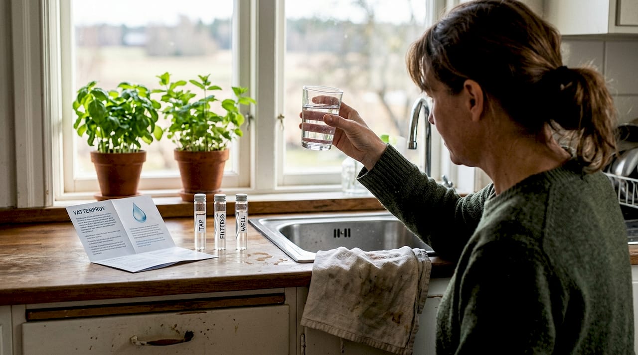 Woman inspects well water in farmhouse kitchen