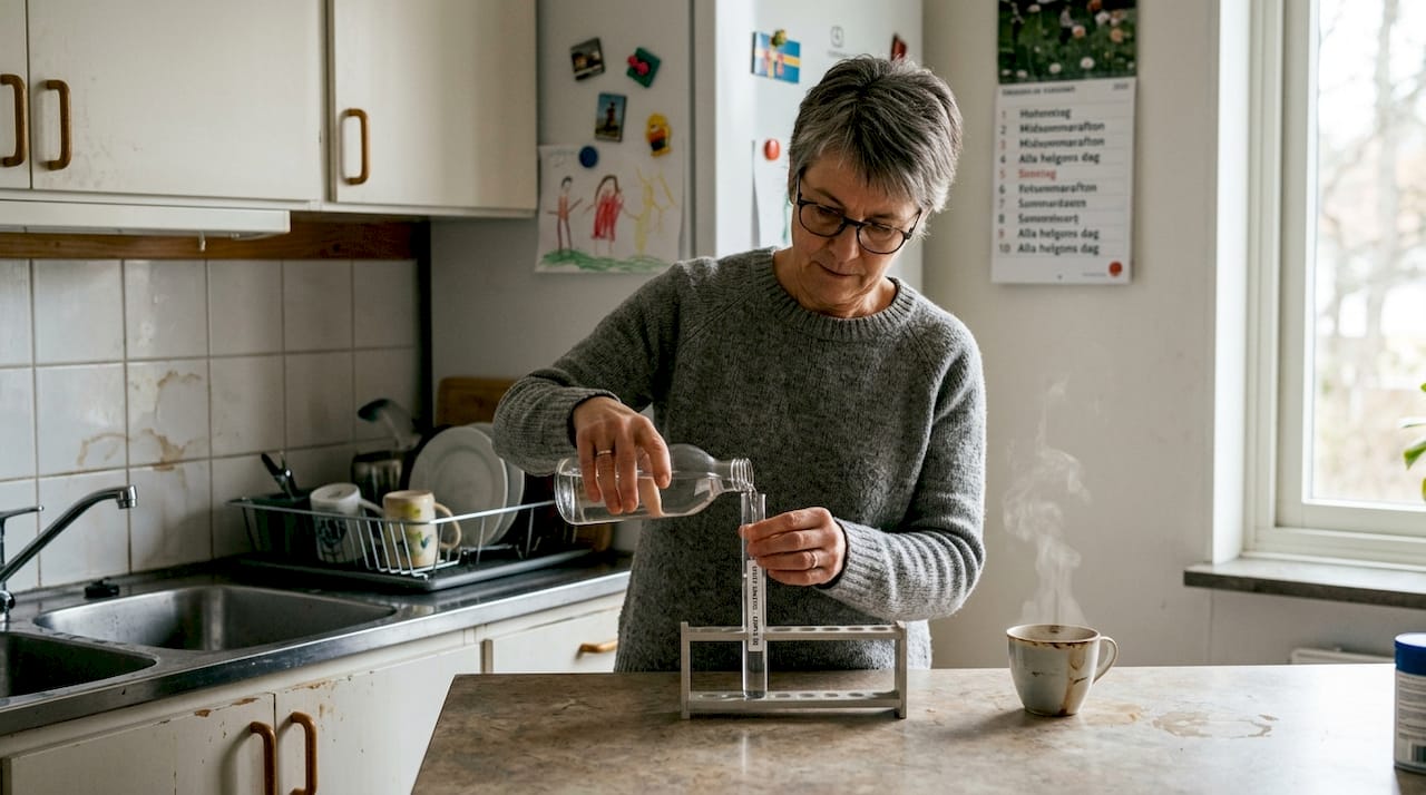 Woman testing well water in home kitchen