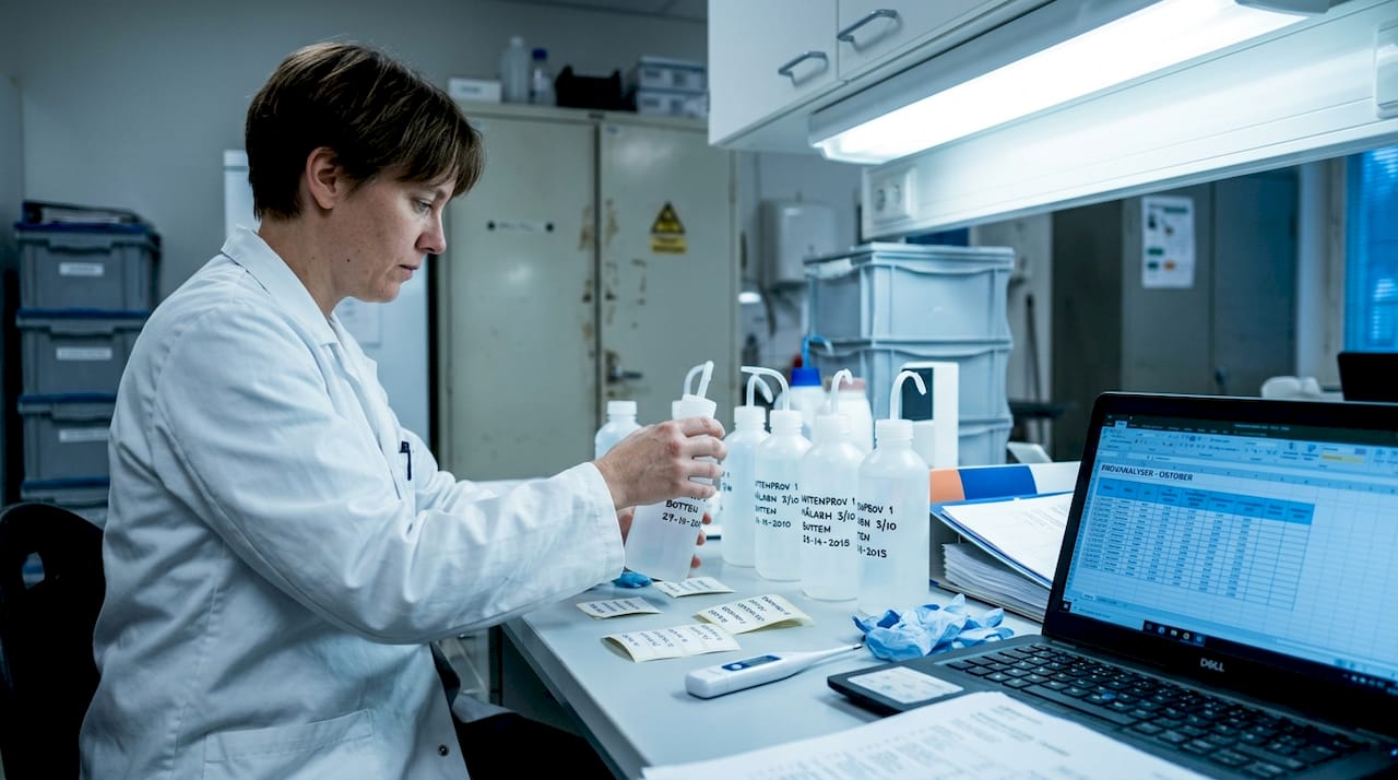 En tekniker hanterar och organiserar vattenprover i labbet.