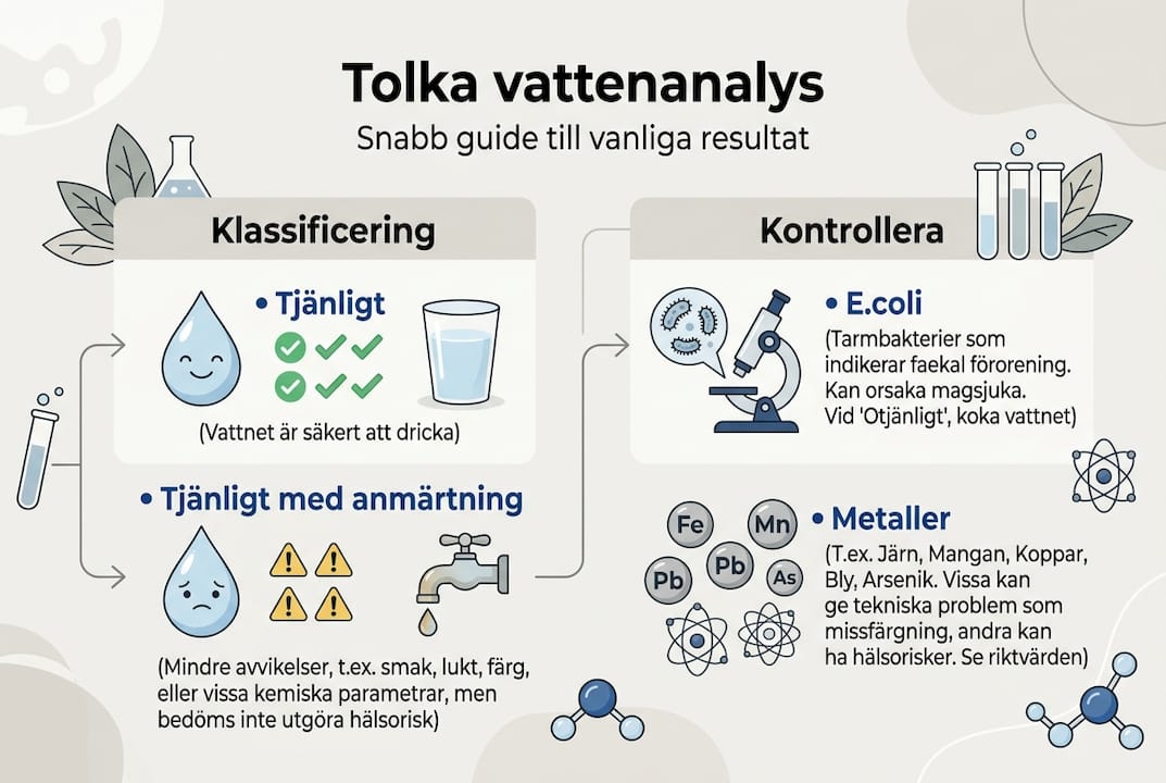 En överskådlig infografik ger en tydlig bild av vattenanalysen, där både klassificering och viktiga kontrollpunkter framgår.